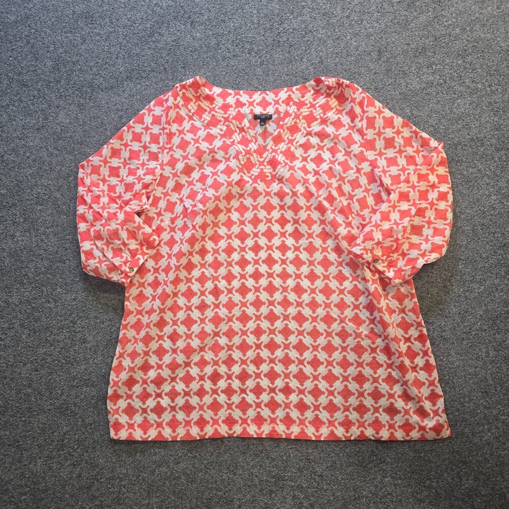 Talbots Top Womens Size 1X Orange Geometric 3/4 Sleeve Popover Boxy Lightweight